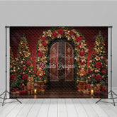 Lofaris Elegant Christmas Doorway Photography Backdrop Red and Gold Poinsettia Arch Holiday Photo Background with Bears