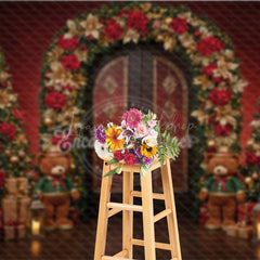 Lofaris Elegant Christmas Doorway Photography Backdrop Red and Gold Poinsettia Arch Holiday Photo Background with Bears