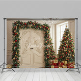 Lofaris Elegant Christmas Doorway Photography Backdrop White Doors with Red and Gold Garland Luxury Holiday Background