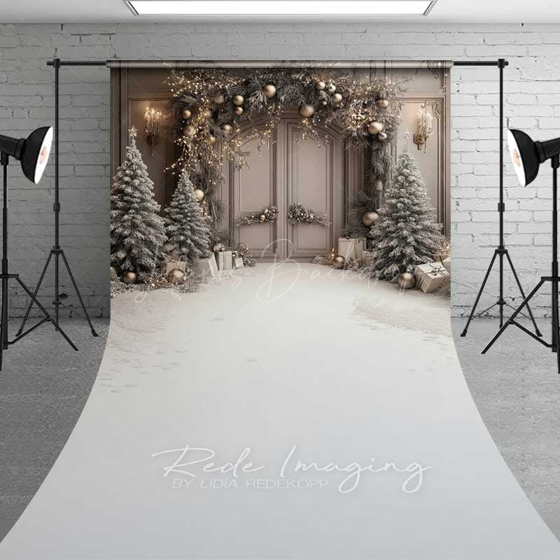 Lofaris Elegant Christmas Doorway Sweep Photography Backdrop with Snow Floor Frosted Trees Silver and Gold Holiday Photo Prop