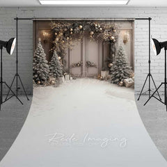 Lofaris Elegant Christmas Doorway Sweep Photography Backdrop with Snow Floor Frosted Trees Silver and Gold Holiday Photo Prop