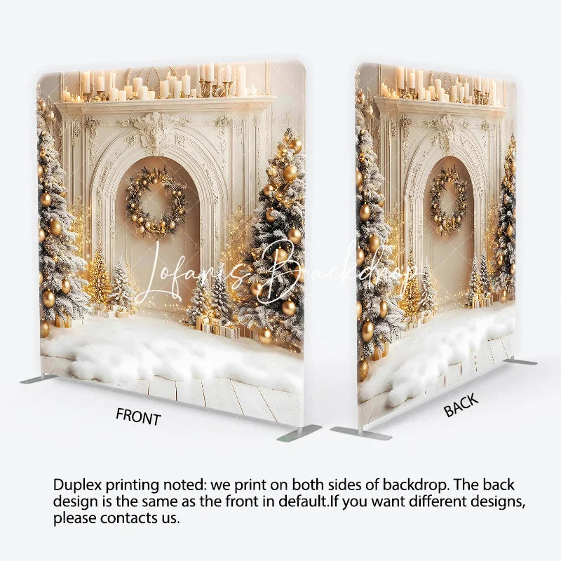 Lofaris Elegant Christmas Fireplace Flocked Trees Golden Ornaments Square Double-Sided Backdrop Festive Winter Holiday Decor.