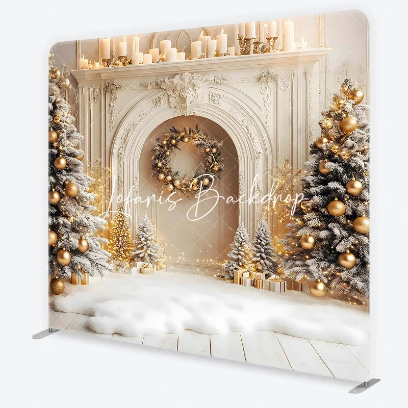 Lofaris Elegant Christmas Fireplace Flocked Trees Golden Ornaments Square Double-Sided Backdrop Festive Winter Holiday Decor.