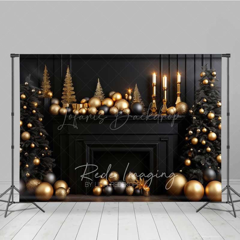 Lofaris Elegant Christmas Fireplace Photography Backdrop Black Mantel with Gold and Ornaments Moody Holiday Prop