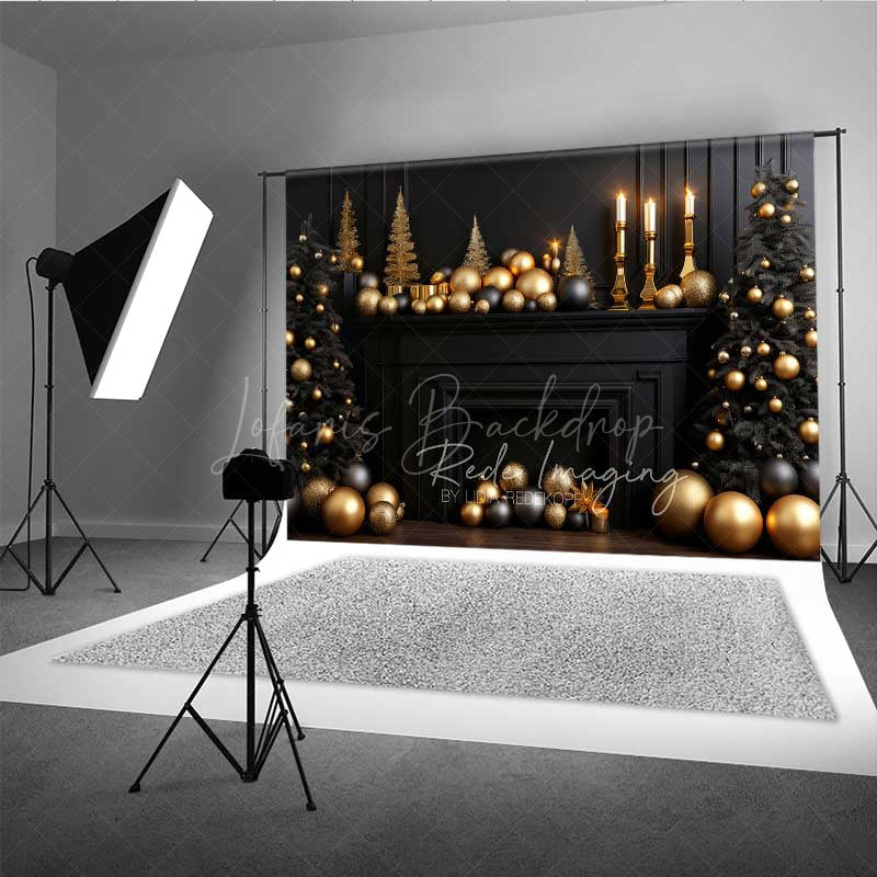 Lofaris Elegant Christmas Fireplace Photography Backdrop Black Mantel with Gold and Ornaments Moody Holiday Prop