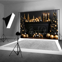Lofaris Elegant Christmas Fireplace Photography Backdrop Black Mantel with Gold and Ornaments Moody Holiday Prop