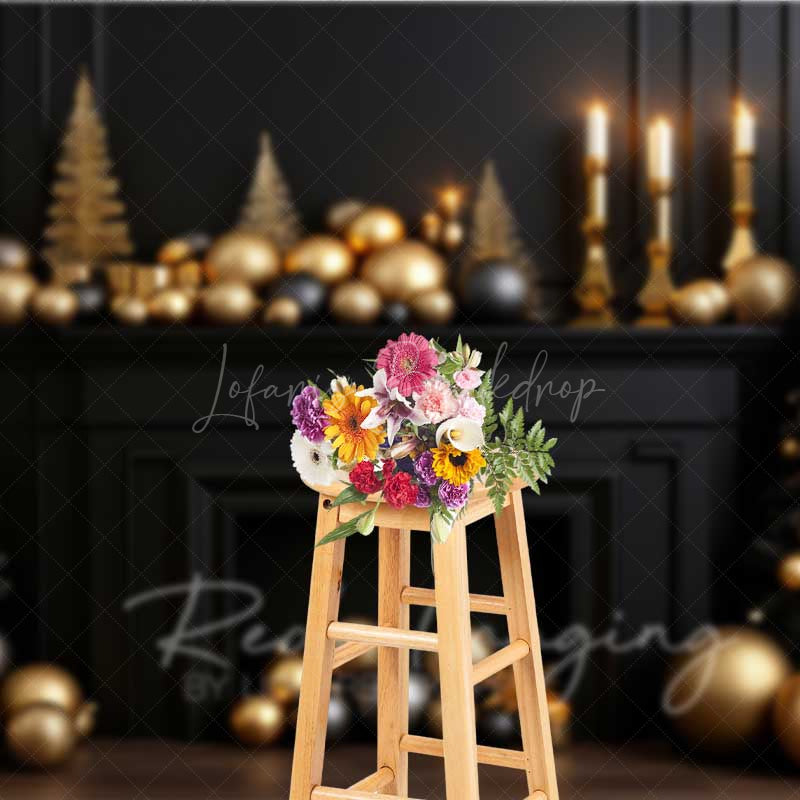 Lofaris Elegant Christmas Fireplace Photography Backdrop Black Mantel with Gold and Ornaments Moody Holiday Prop