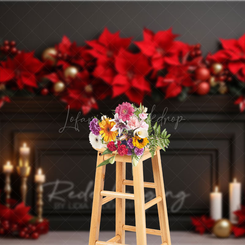 Lofaris Elegant Christmas Fireplace Photography Backdrop Black Mantel with Red Poinsettias Holiday Studio Photo Prop