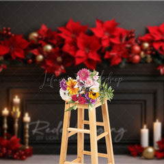 Lofaris Elegant Christmas Fireplace Photography Backdrop Black Mantel with Red Poinsettias Holiday Studio Photo Prop