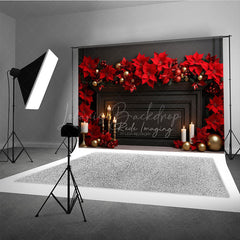 Lofaris Elegant Christmas Fireplace Photography Backdrop Black Mantel with Red Poinsettias Holiday Studio Photo Prop