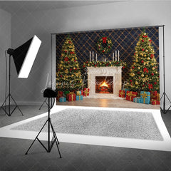 Lofaris Elegant Christmas Fireplace Photography Backdrop Blue Wall with Garland and Trees Holiday Mini Session Background