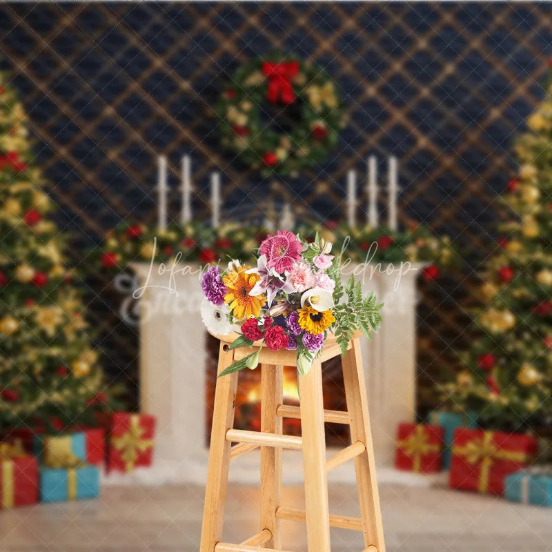 Lofaris Elegant Christmas Fireplace Photography Backdrop Blue Wall with Garland and Trees Holiday Mini Session Background