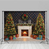 Lofaris Elegant Christmas Fireplace Photography Backdrop Blue Wall with Garland and Trees Holiday Mini Session Background
