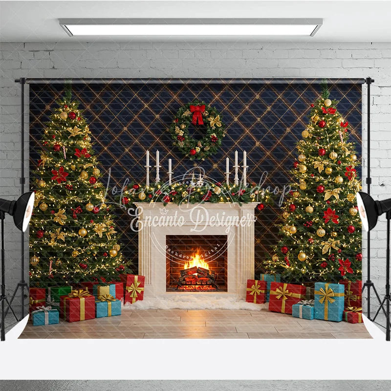 Lofaris Elegant Christmas Fireplace Photography Backdrop Blue Wall with Garland and Trees Holiday Mini Session Background