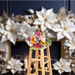 Lofaris Elegant Christmas Fireplace Photography Backdrop Gold and White Paper Poinsettias Modern Holiday Studio Prop