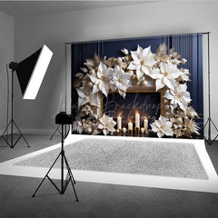 Lofaris Elegant Christmas Fireplace Photography Backdrop Gold and White Paper Poinsettias Modern Holiday Studio Prop