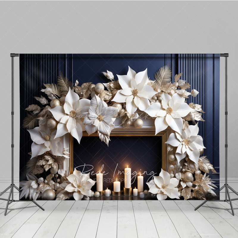 Lofaris Elegant Christmas Fireplace Photography Backdrop Gold and White Paper Poinsettias Modern Holiday Studio Prop