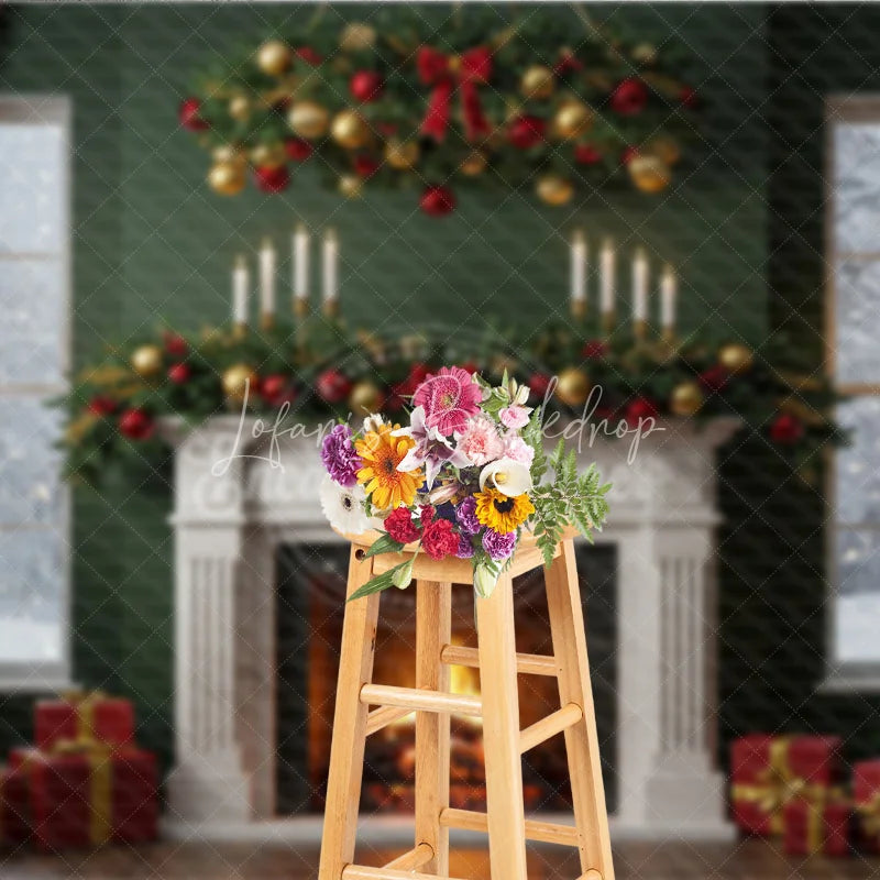 Lofaris Elegant Christmas Fireplace Photography Backdrop Green Wall with Red Curtains Classic Holiday Mini Session Background