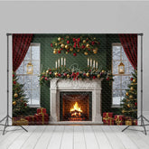 Lofaris Elegant Christmas Fireplace Photography Backdrop Green Wall with Red Curtains Classic Holiday Mini Session Background