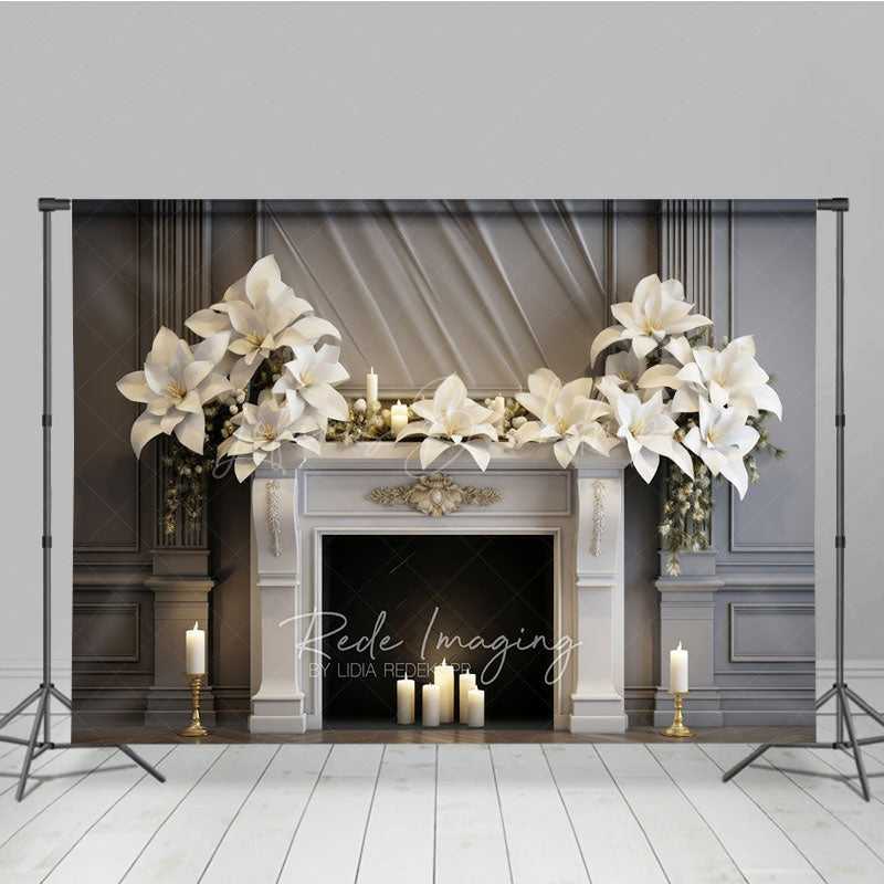 Lofaris Elegant Christmas Fireplace Photography Backdrop White Poinsettia Garland Classic Holiday Mantel Studio Prop