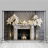 Lofaris Elegant Christmas Fireplace Photography Backdrop White Poinsettia Garland Classic Holiday Mantel Studio Prop