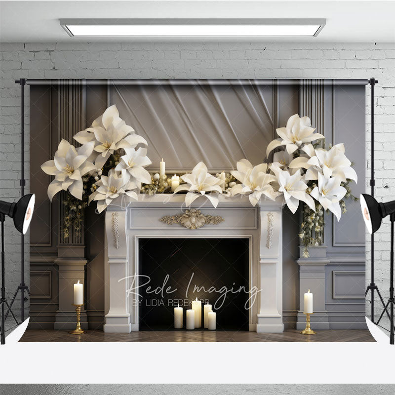 Lofaris Elegant Christmas Fireplace Photography Backdrop White Poinsettia Garland Classic Holiday Mantel Studio Prop