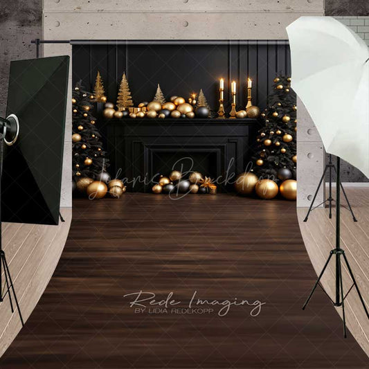 Lofaris Elegant Christmas Fireplace Sweep Photo Backdrop Black Mantel with Gold Ornaments Luxury Holiday Prop