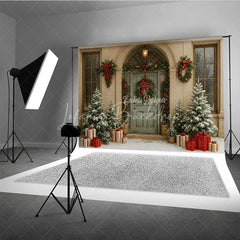 Lofaris Elegant Christmas Front Door Photography Backdrop Green with Wreaths Snowy Holiday Photo Background