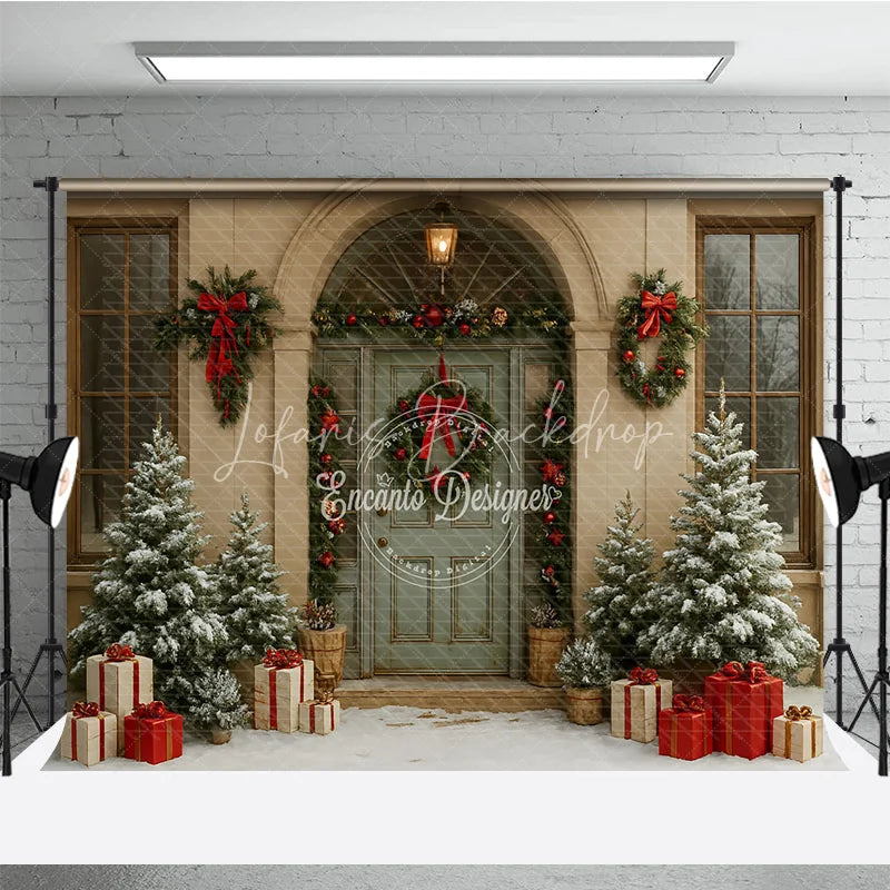 Lofaris Elegant Christmas Front Door Photography Backdrop Green with Wreaths Snowy Holiday Photo Background