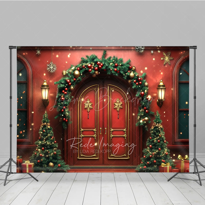 Lofaris Elegant Christmas Front Door Photography Backdrop Red Doors with Garland and Trees Holiday Welcome Home Photo Prop