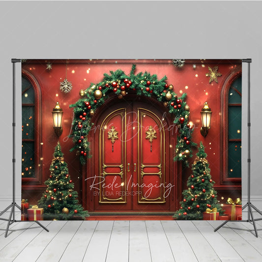 Lofaris Elegant Christmas Front Door Photography Backdrop Red Doors with Garland and Trees Holiday Welcome Home Photo Prop