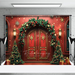 Lofaris Elegant Christmas Front Door Photography Backdrop Red Doors with Garland and Trees Holiday Welcome Home Photo Prop
