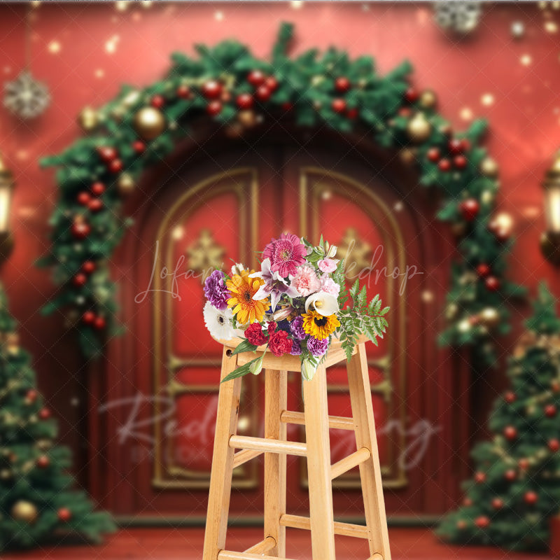 Lofaris Elegant Christmas Front Door Photography Backdrop Red Doors with Garland and Trees Holiday Welcome Home Photo Prop