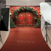 Lofaris Elegant Christmas Front Door Sweep Photo Backdrop Red Doors with Garland and Trees Holiday Welcome Home Prop