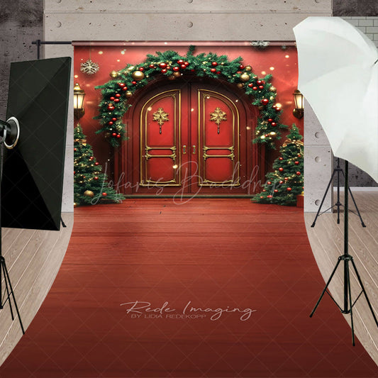 Lofaris Elegant Christmas Front Door Sweep Photo Backdrop Red Doors with Garland and Trees Holiday Welcome Home Prop