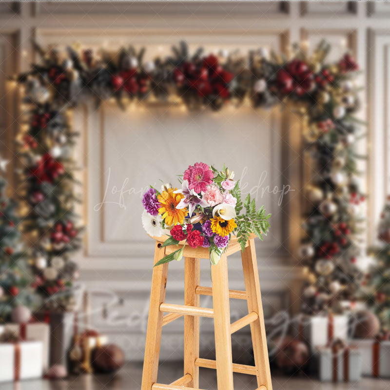 Lofaris Elegant Christmas Garland Arch Photography Backdrop White Wall with Trees Holiday Mini Session Background