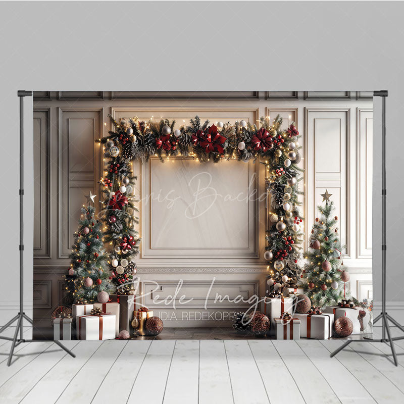 Lofaris Elegant Christmas Garland Arch Photography Backdrop White Wall with Trees Holiday Mini Session Background