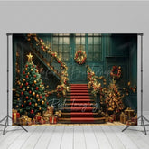 Lofaris Elegant Christmas Grand Staircase Photography Backdrop Red and Gold Garland Holiday Ballroom Photo Background