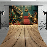 Lofaris Elegant Christmas Grand Staircase Sweep Backdrop Red and Gold Garland Holiday Ballroom Photo Studio Floor Drop