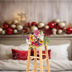Lofaris Elegant Christmas Headboard Photography Backdrop Red and Silver Ornaments with Berries Holiday Bedroom Photo Prop