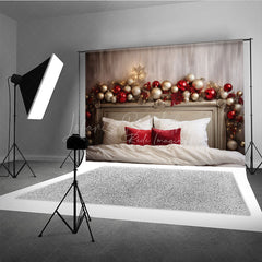 Lofaris Elegant Christmas Headboard Photography Backdrop Red and Silver Ornaments with Berries Holiday Bedroom Photo Prop