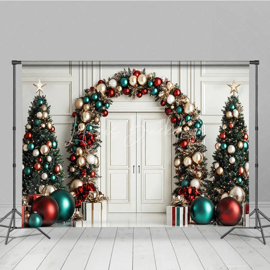 Lofaris Elegant Christmas Holiday Backdrop featuring Archway Garland Decorated Trees and Festive Red Gold Teal Ornaments.