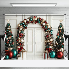 Lofaris Elegant Christmas Holiday Backdrop featuring Archway Garland Decorated Trees and Festive Red Gold Teal Ornaments.