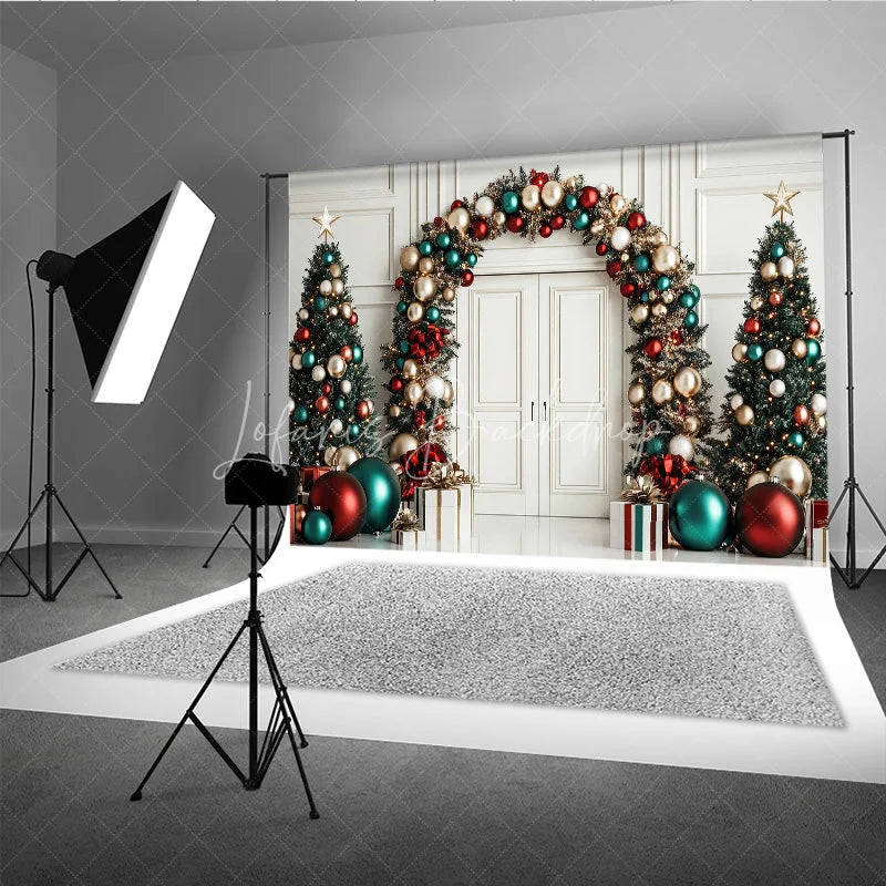 Lofaris Elegant Christmas Holiday Backdrop featuring Archway Garland Decorated Trees and Festive Red Gold Teal Ornaments.