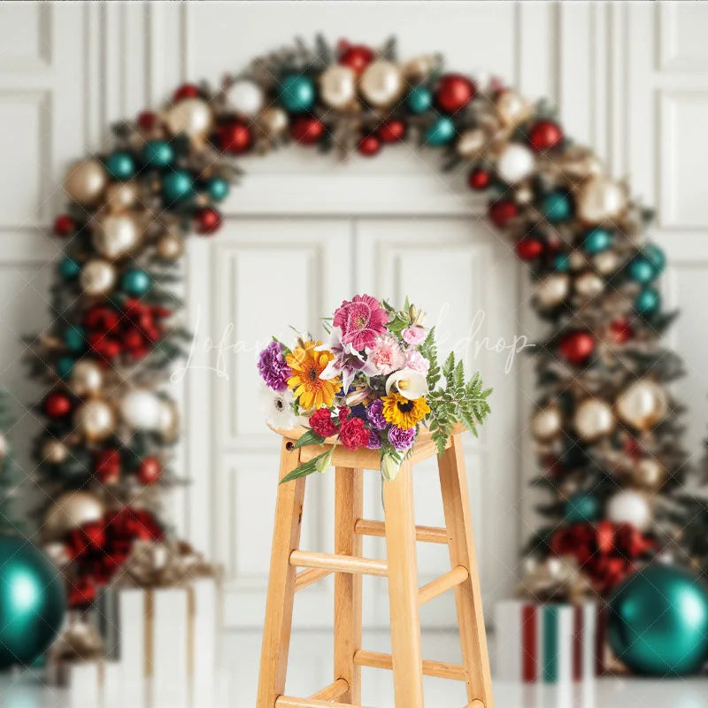 Lofaris Elegant Christmas Holiday Backdrop featuring Archway Garland Decorated Trees and Festive Red Gold Teal Ornaments.
