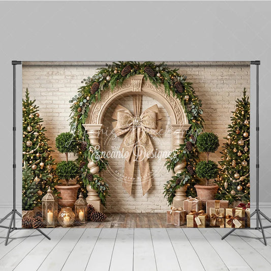 Lofaris Elegant Christmas Holiday Backdrop with Arched Entryway Golden Bow Decorated Trees and Festive Gifts