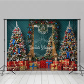 Lofaris Elegant Christmas Mirror Photography Backdrop Red and Blue Ornaments with Garland Classic Holiday Photo Background