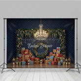Lofaris Elegant Christmas Photography Backdrop Dark Blue Wall with Garland and Presents Luxury Holiday Photo Background