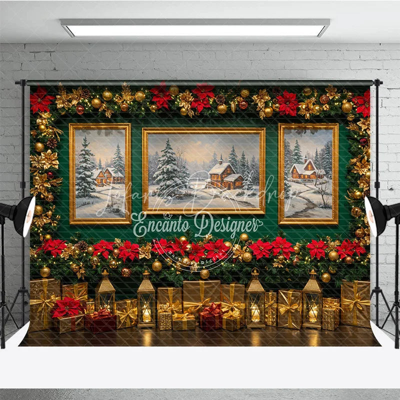 Lofaris Elegant Christmas Photography Backdrop Green Wall with Poinsettia Garland Snowy Landscape Art Background
