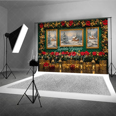 Lofaris Elegant Christmas Photography Backdrop Green Wall with Poinsettia Garland Snowy Landscape Art Background